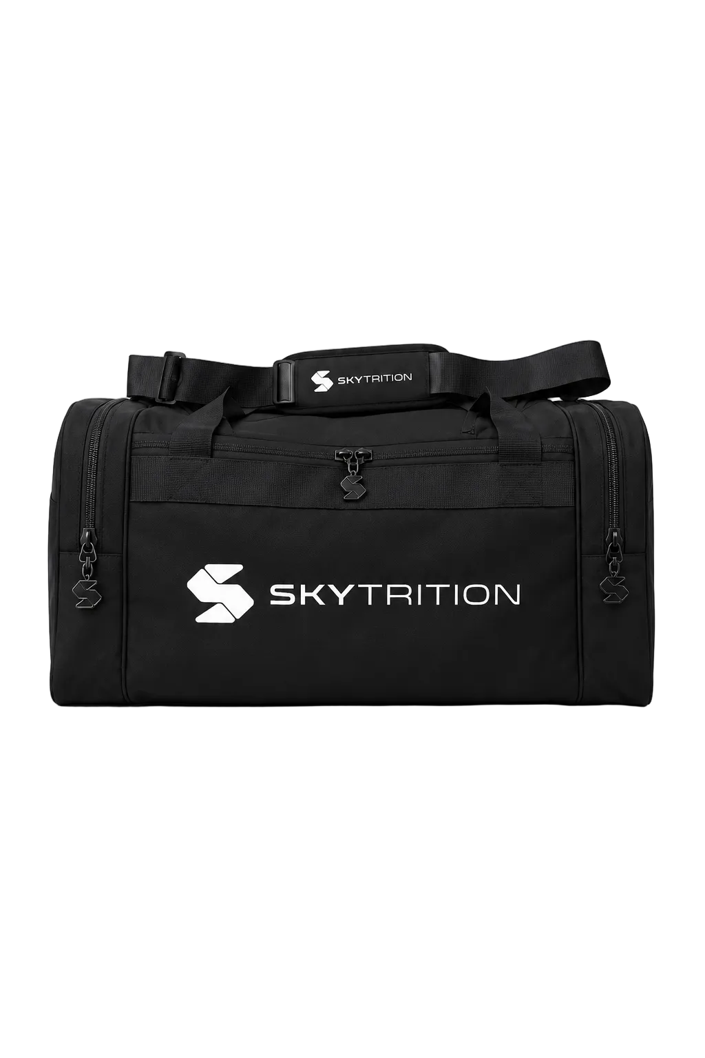 Svart Skytrition Duffel Bag träningsväska sedd framifrån med vit logotyp och axelrem
